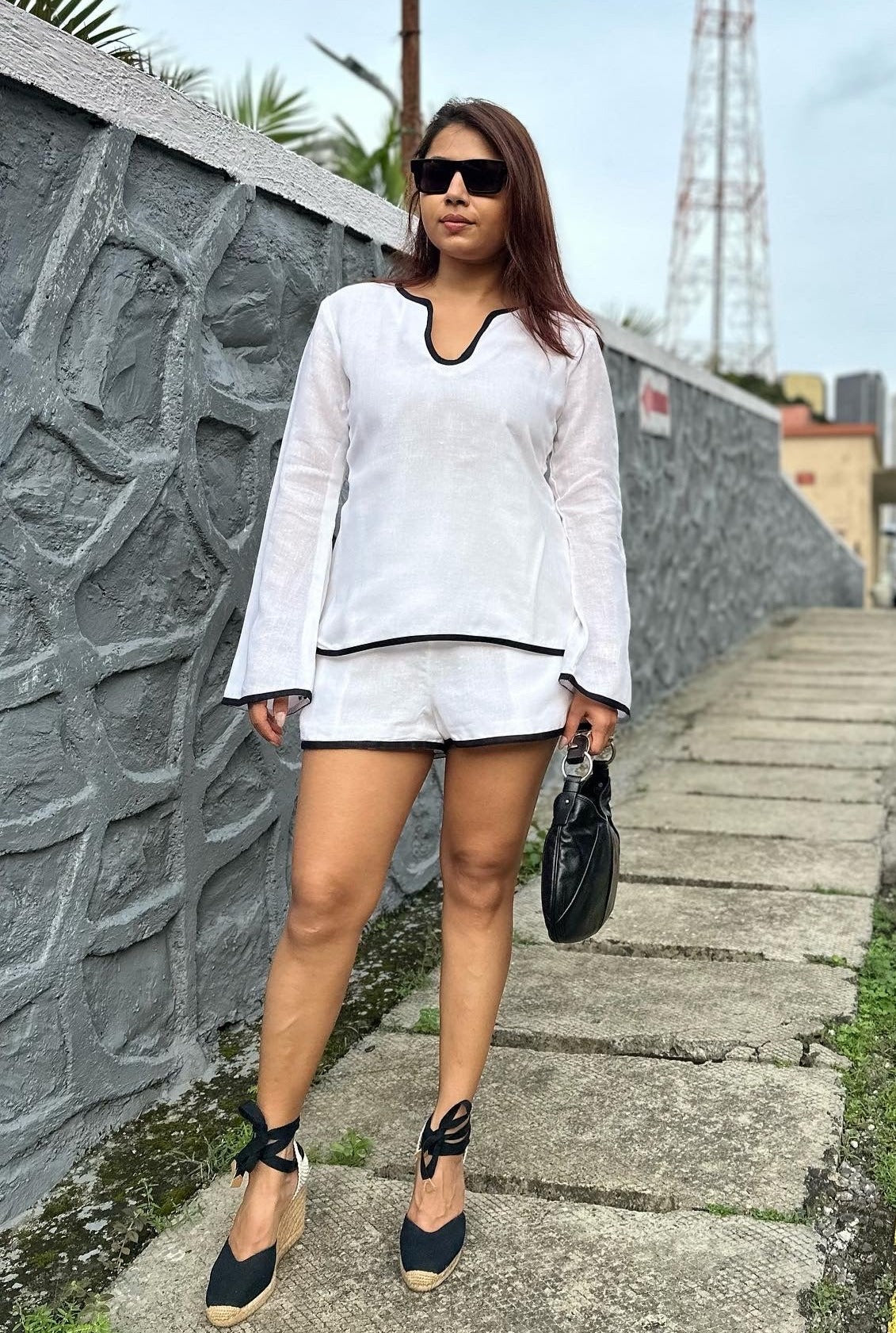 Tara Set - White Linen Flared Sleeve Top and Shorts Co-ord Set