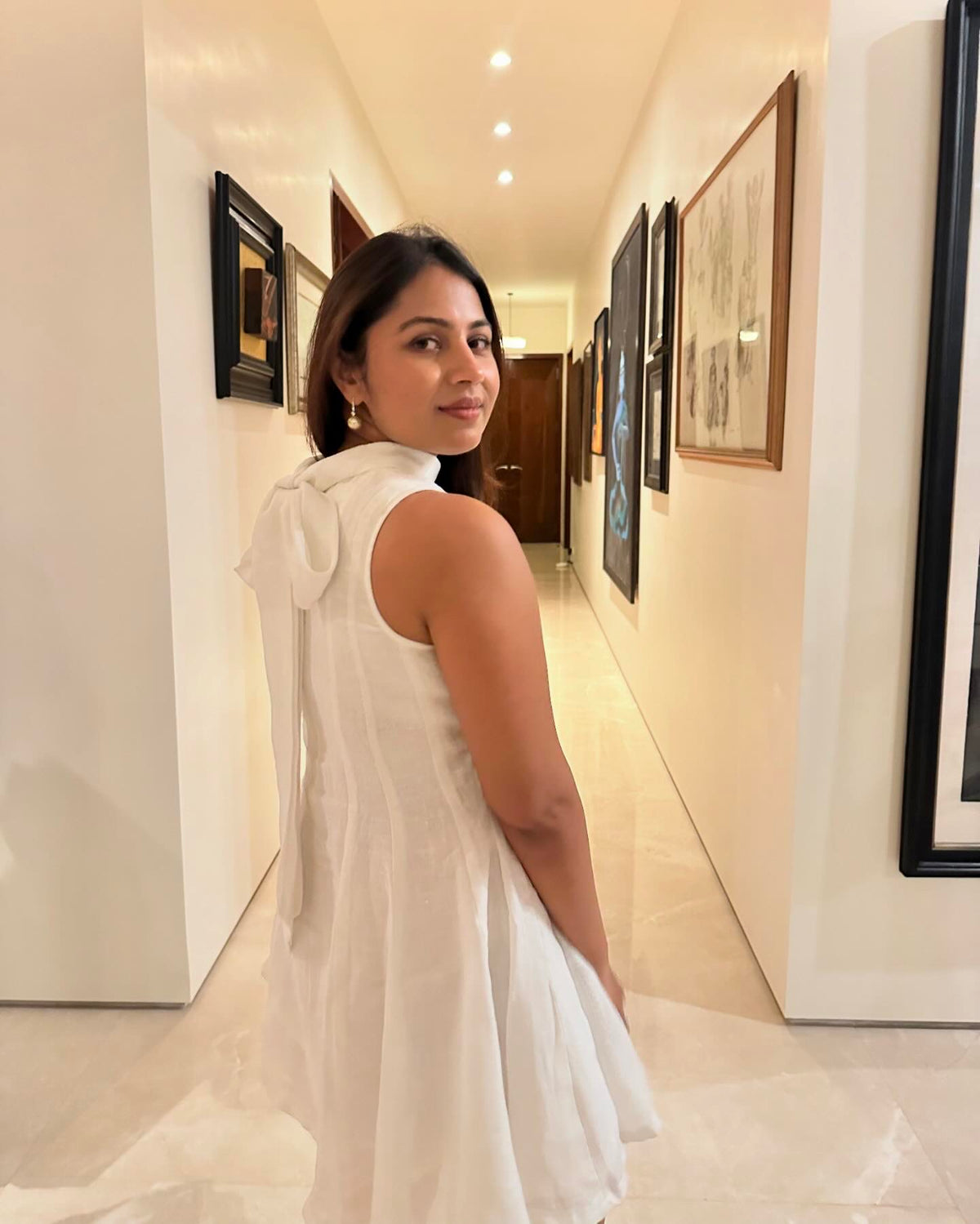 Sanaya Dress - White Jute Linen Short Panelled Dress