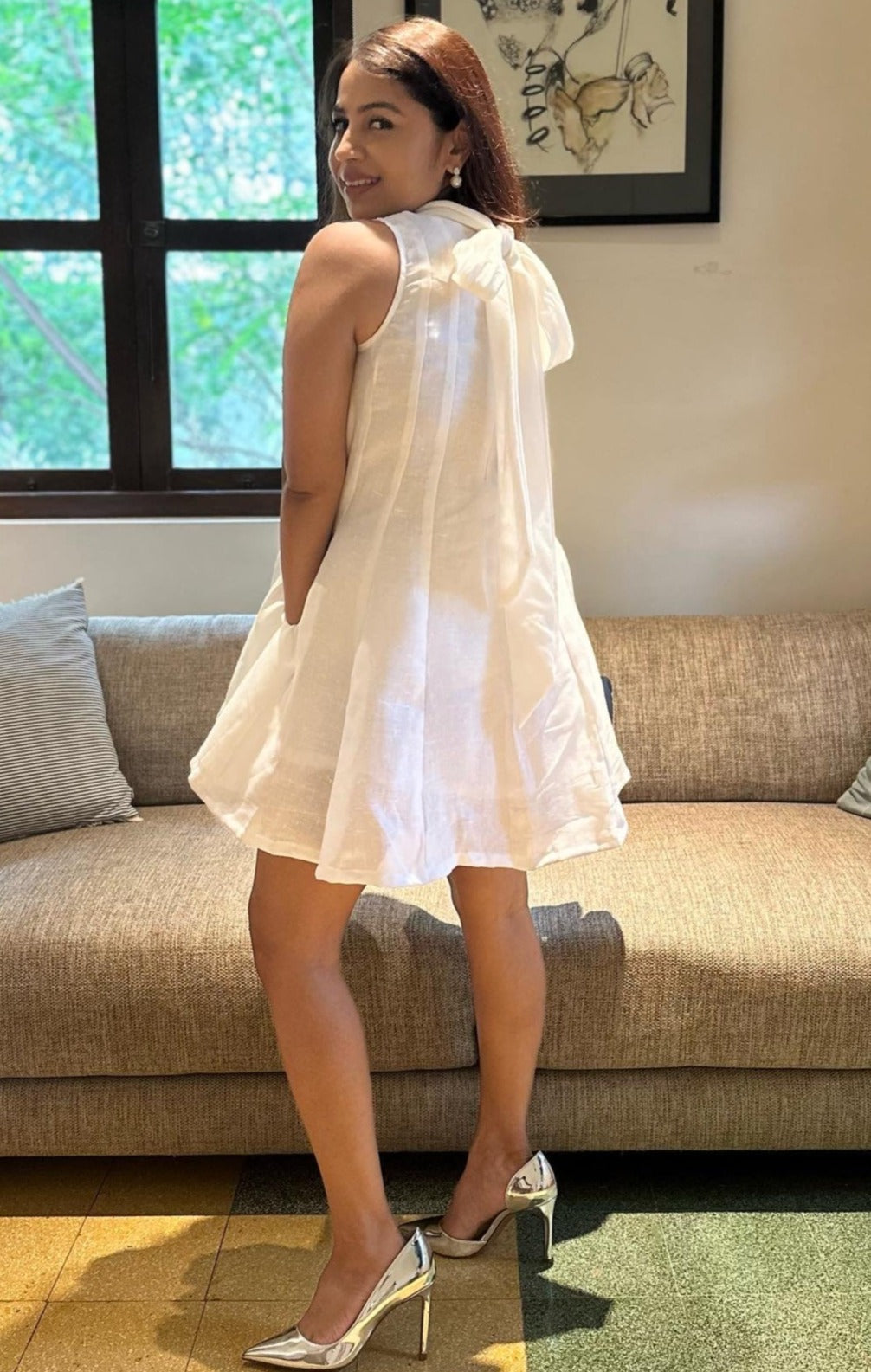 Sanaya Dress - White Jute Linen Short Panelled Dress