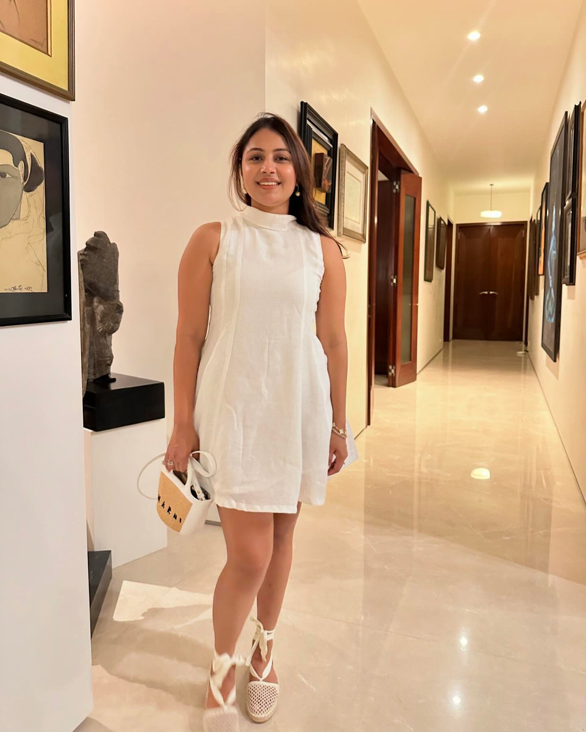 Sanaya Dress - White Jute Linen Short Panelled Dress