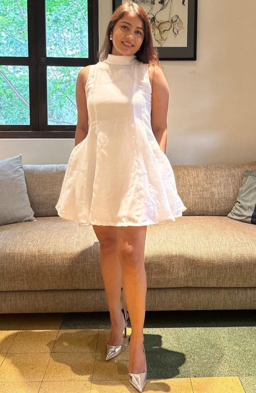 Sanaya Dress - White Jute Linen Short Panelled Dress