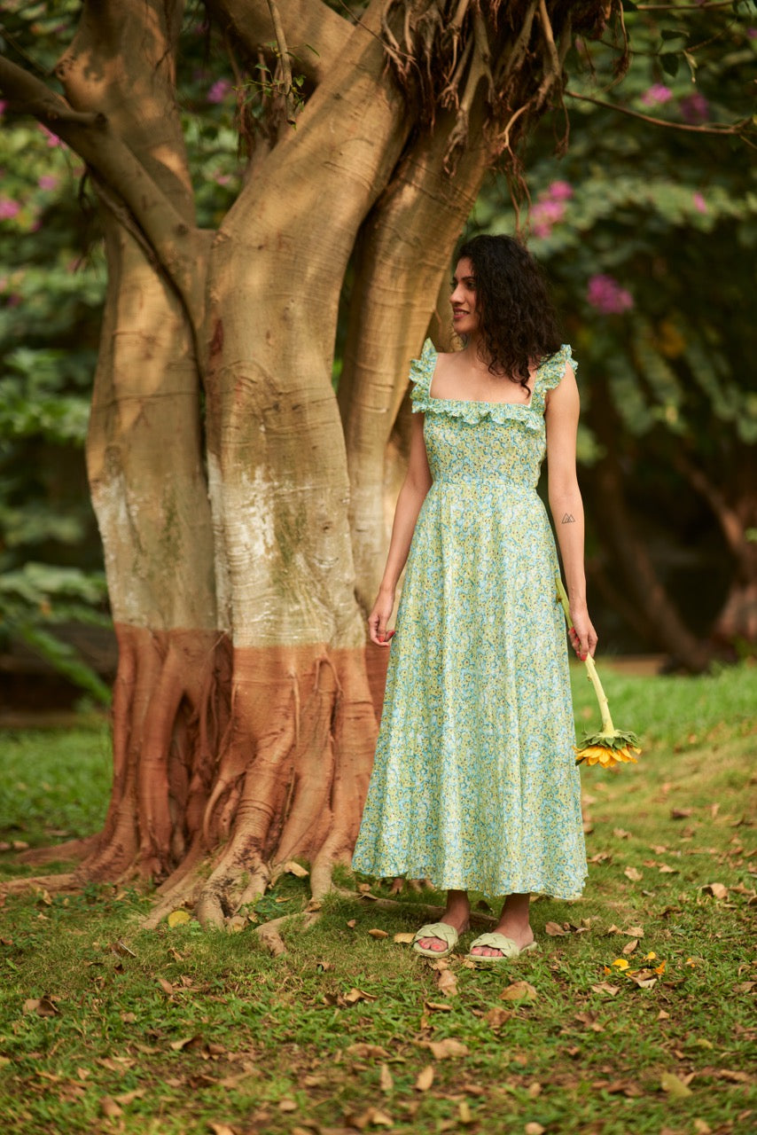 Zinnia Dress - Green Floral Printed Ruffled Straps Long Flared Dress