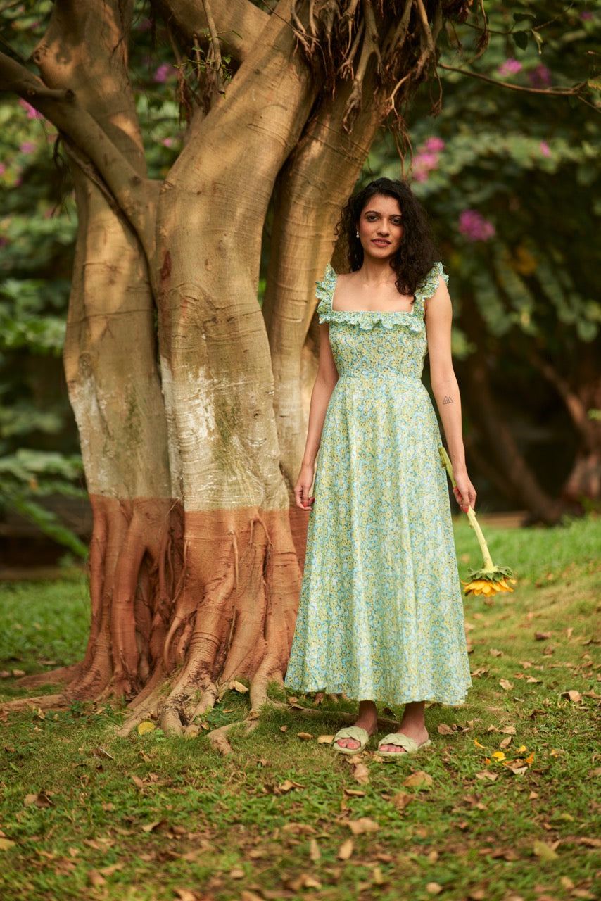 Zinnia Dress - Green Floral Printed Ruffled Straps Long Flared Dress