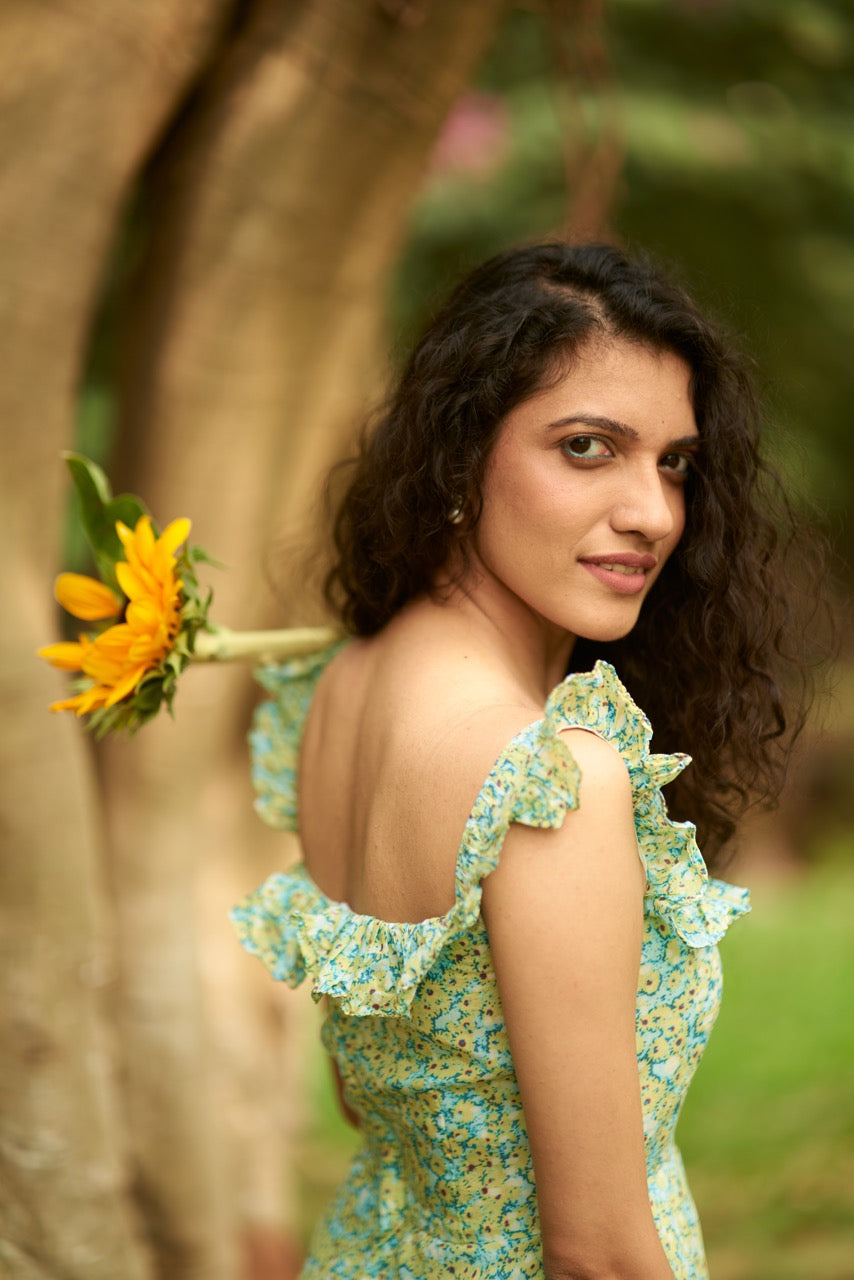 Zinnia Dress - Green Floral Printed Ruffled Straps Long Flared Dress