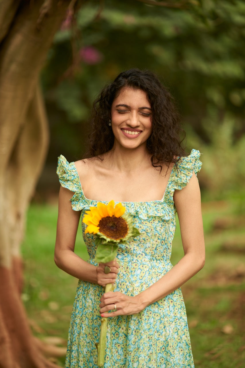 Zinnia Dress - Green Floral Printed Ruffled Straps Long Flared Dress