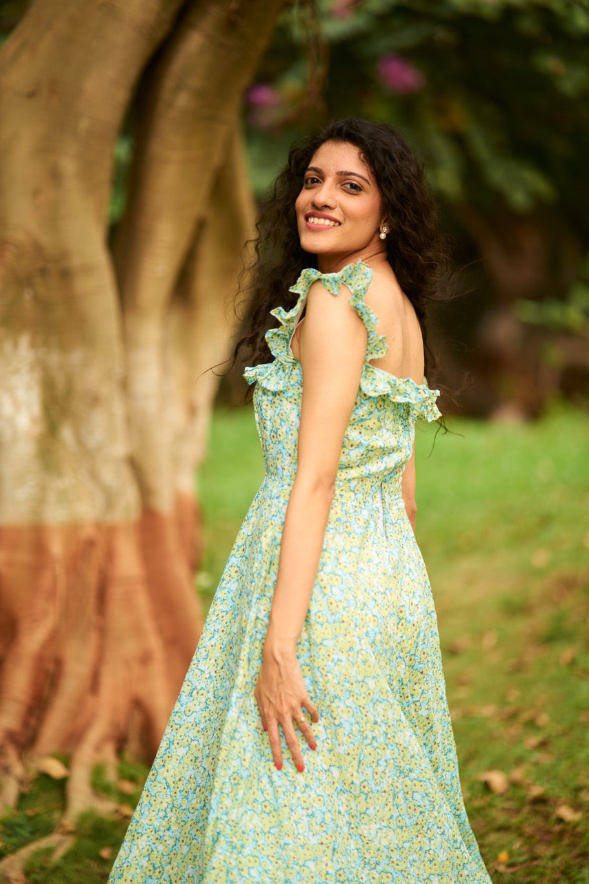 Zinnia Dress - Green Floral Printed Ruffled Straps Long Flared Dress