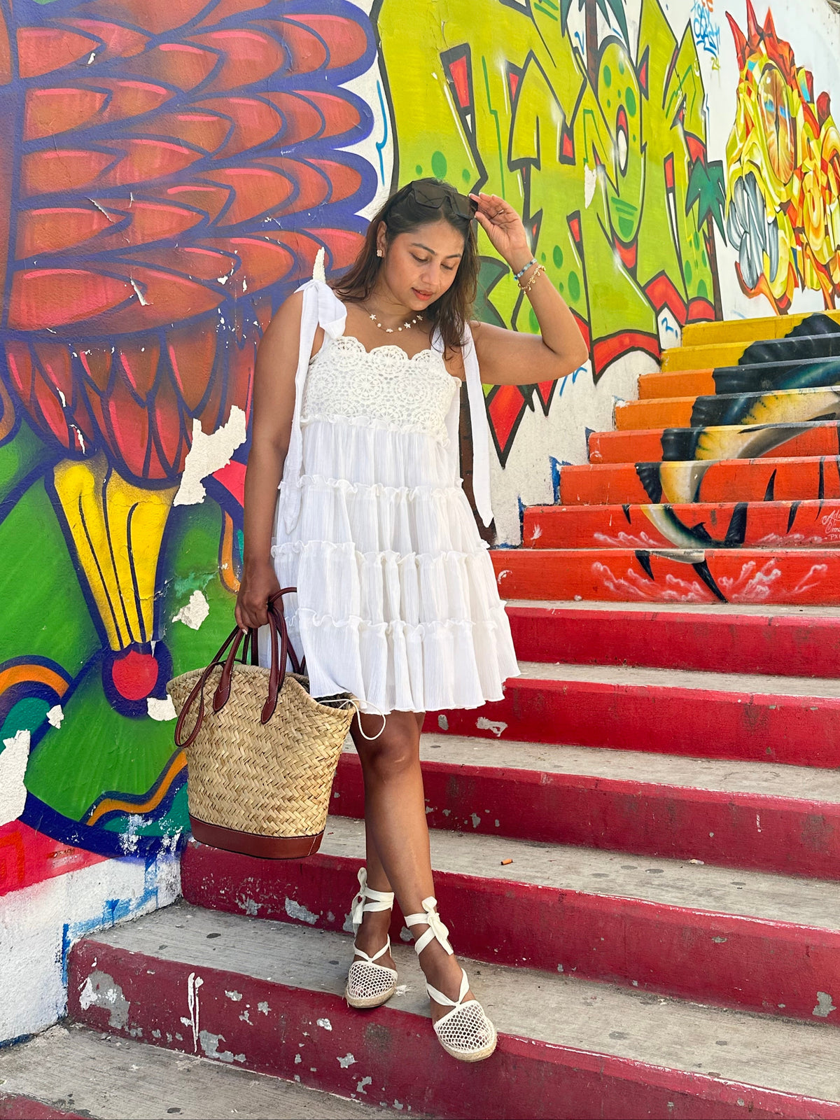 Alma Dress - White Crochet Bodice Short Tiered Dress