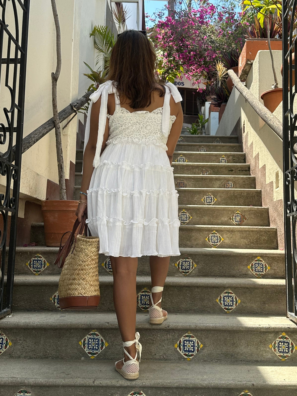 Alma Dress - White Crochet Bodice Short Tiered Dress