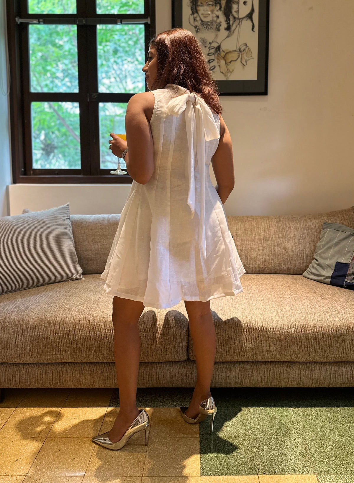 Sanaya Dress - White Jute Linen Short Panelled Dress