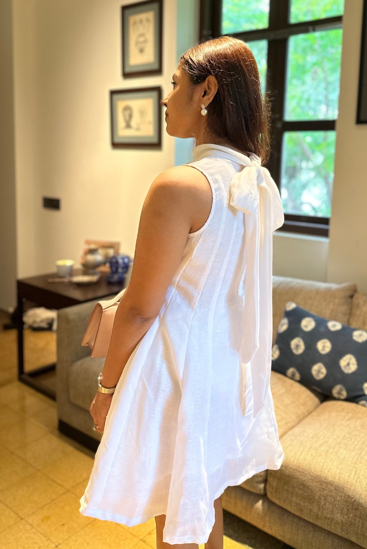 Sanaya Dress - White Jute Linen Short Panelled Dress