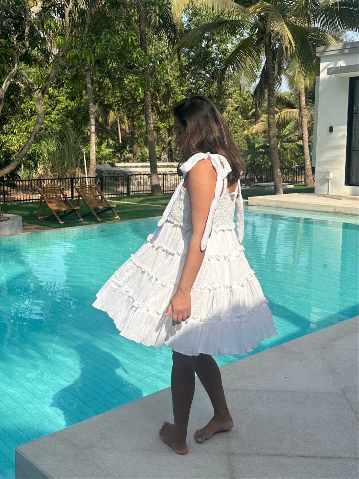 Alma Dress - White Crochet Bodice Short Tiered Dress