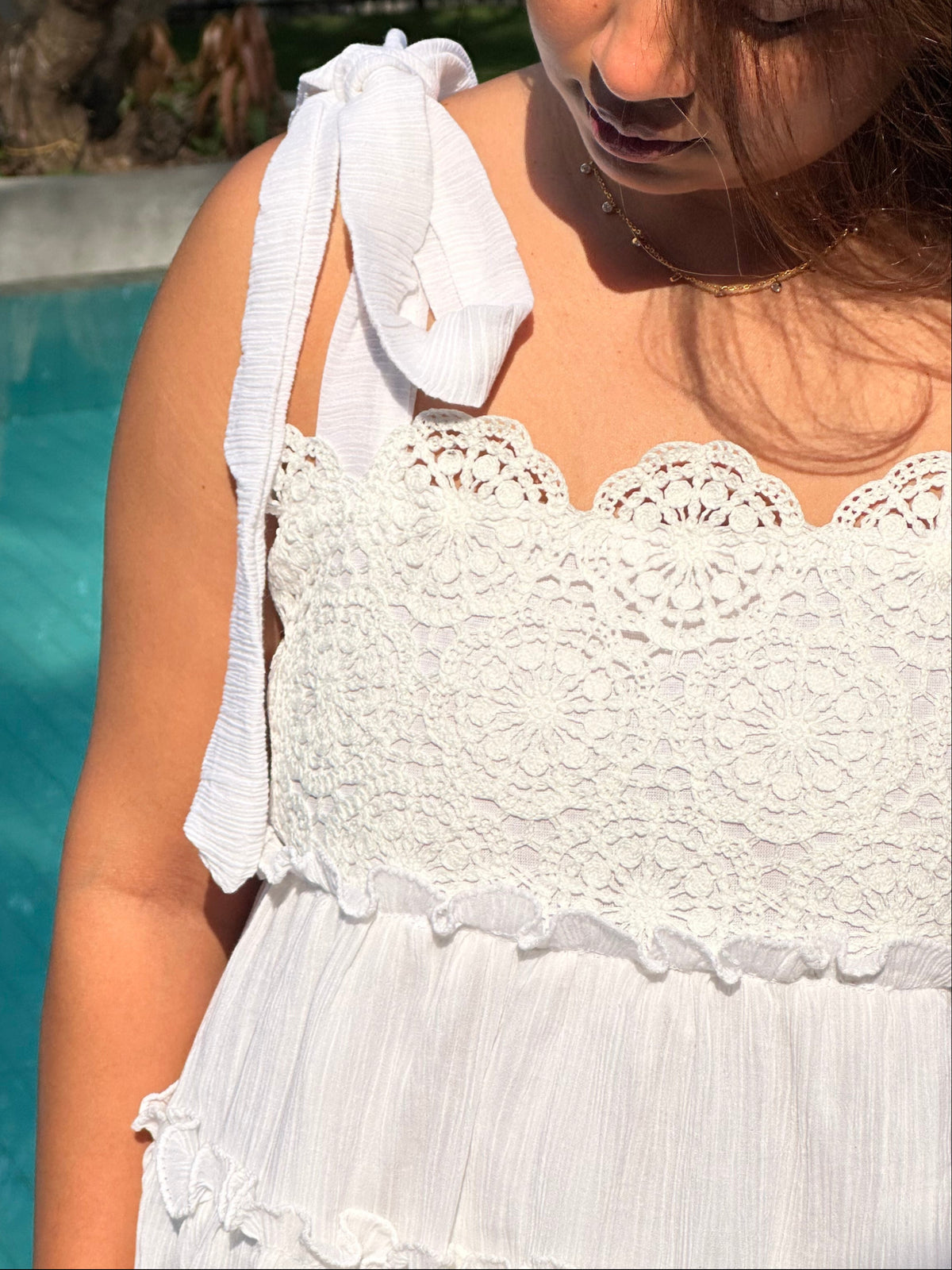 Alma Dress - White Crochet Bodice Short Tiered Dress