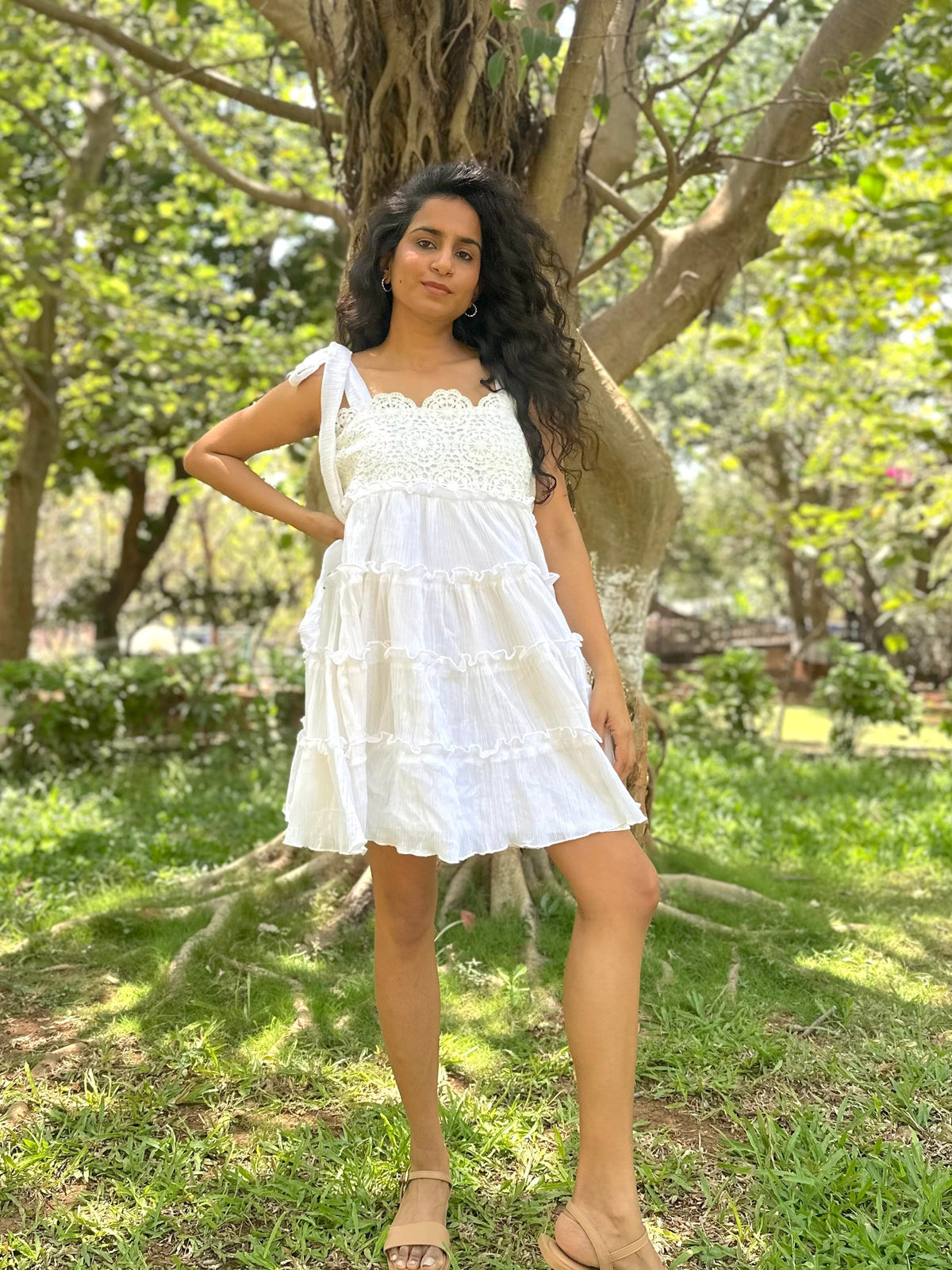 Alma Dress - White Crochet Bodice Short Tiered Dress