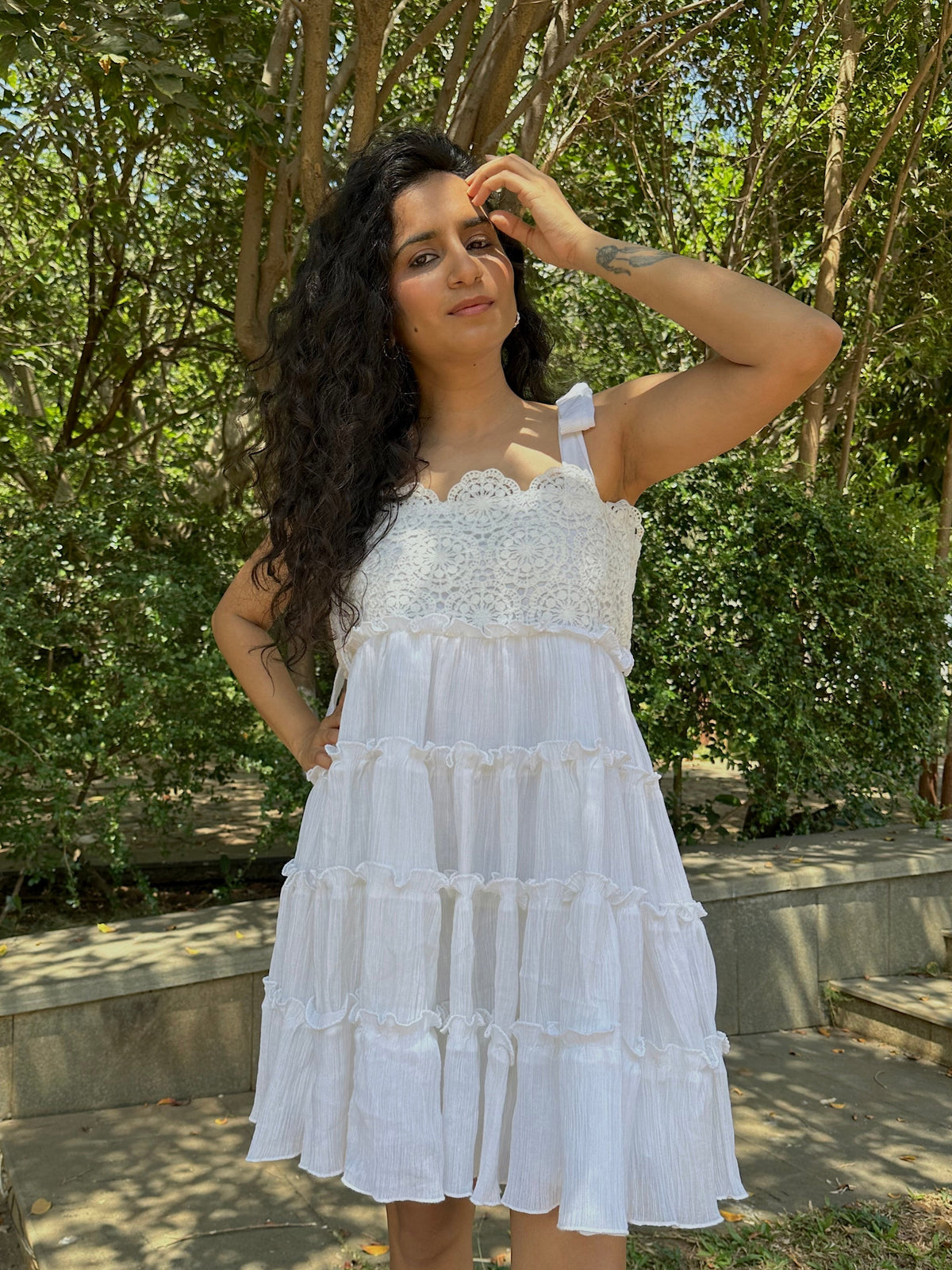 Alma Dress - White Crochet Bodice Short Tiered Dress