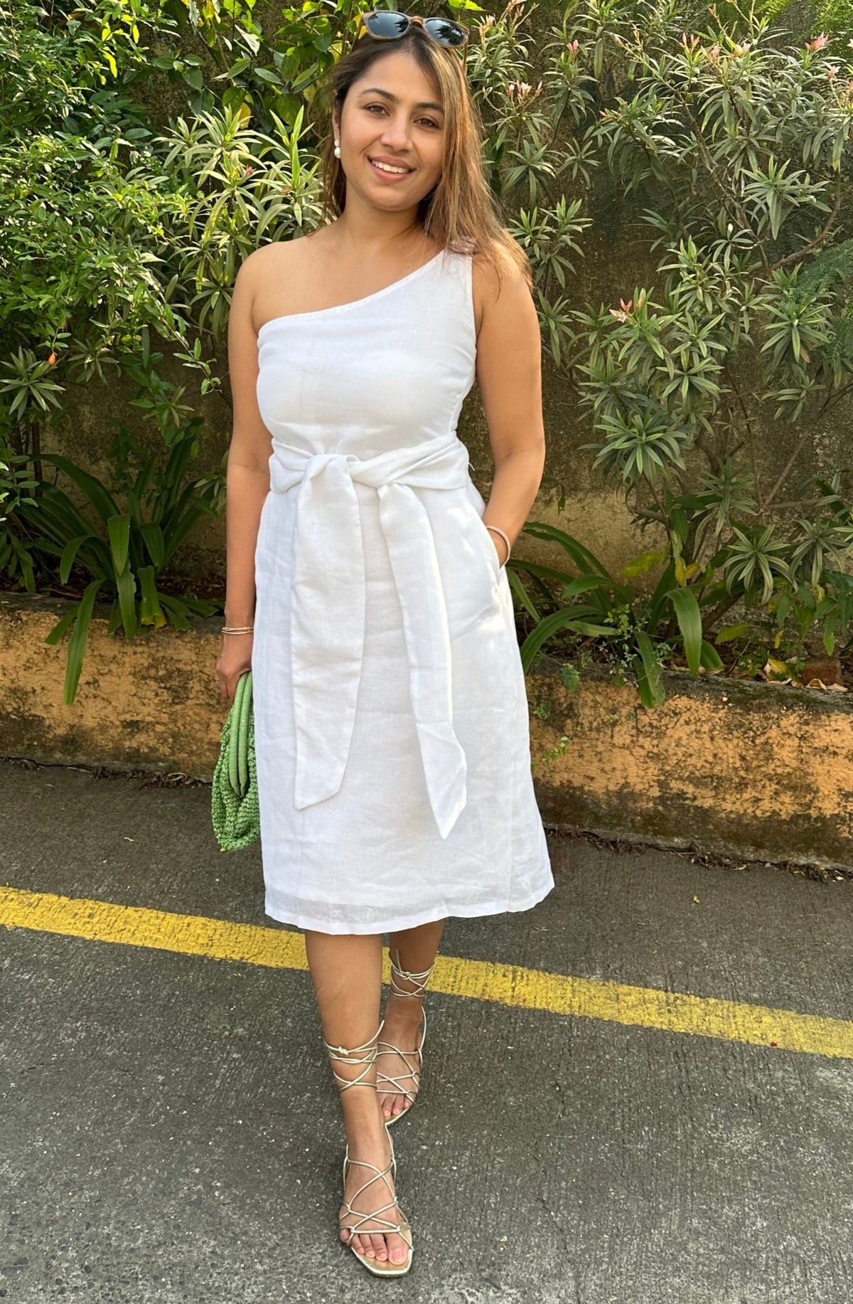 Naomi Dress - White Jute Linen One Shouldered Knee Length Dress