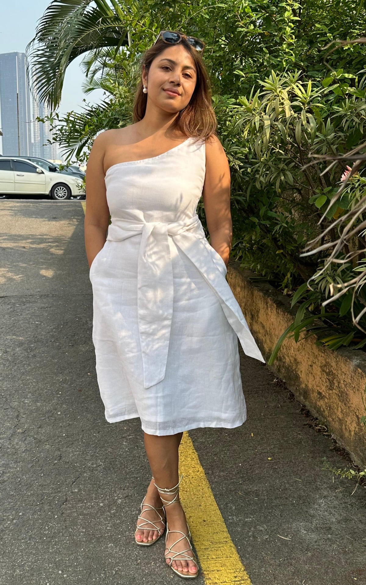 Naomi Dress - White Jute Linen One Shouldered Knee Length Dress