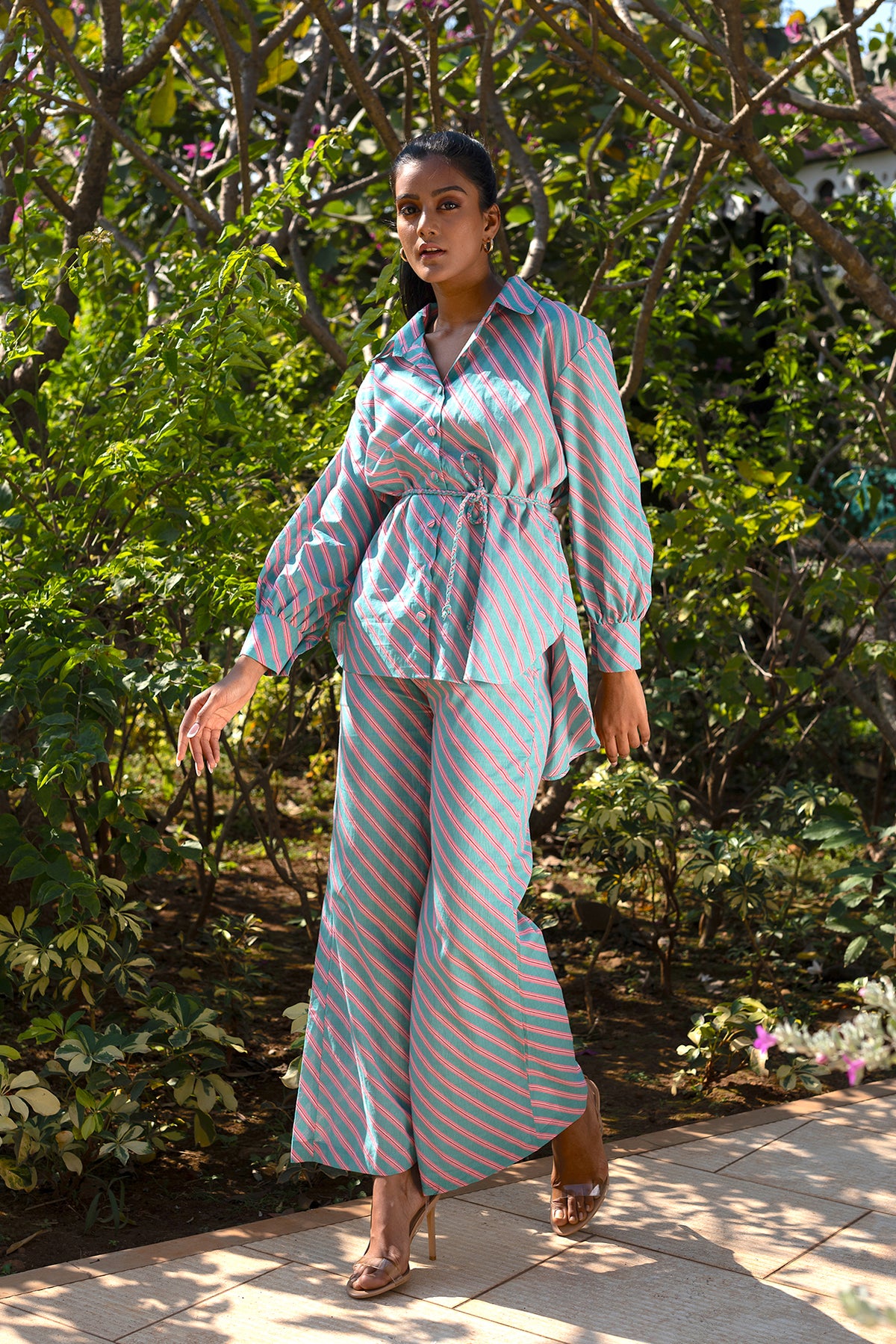 Vedika Shirt - Striped Long Sleeve Shirt with tie-up Belt