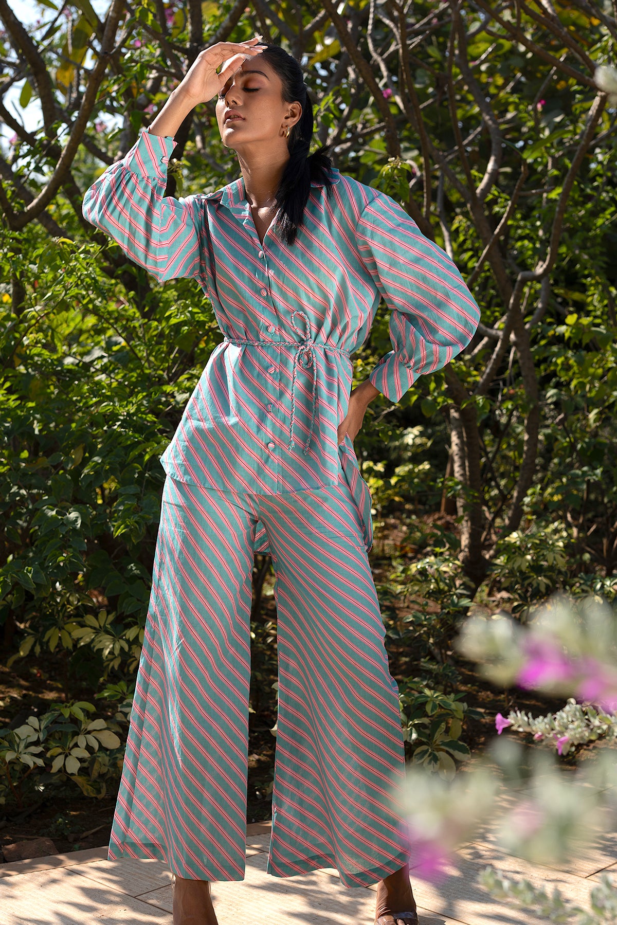 Vedika Shirt - Striped Long Sleeve Shirt with tie-up Belt