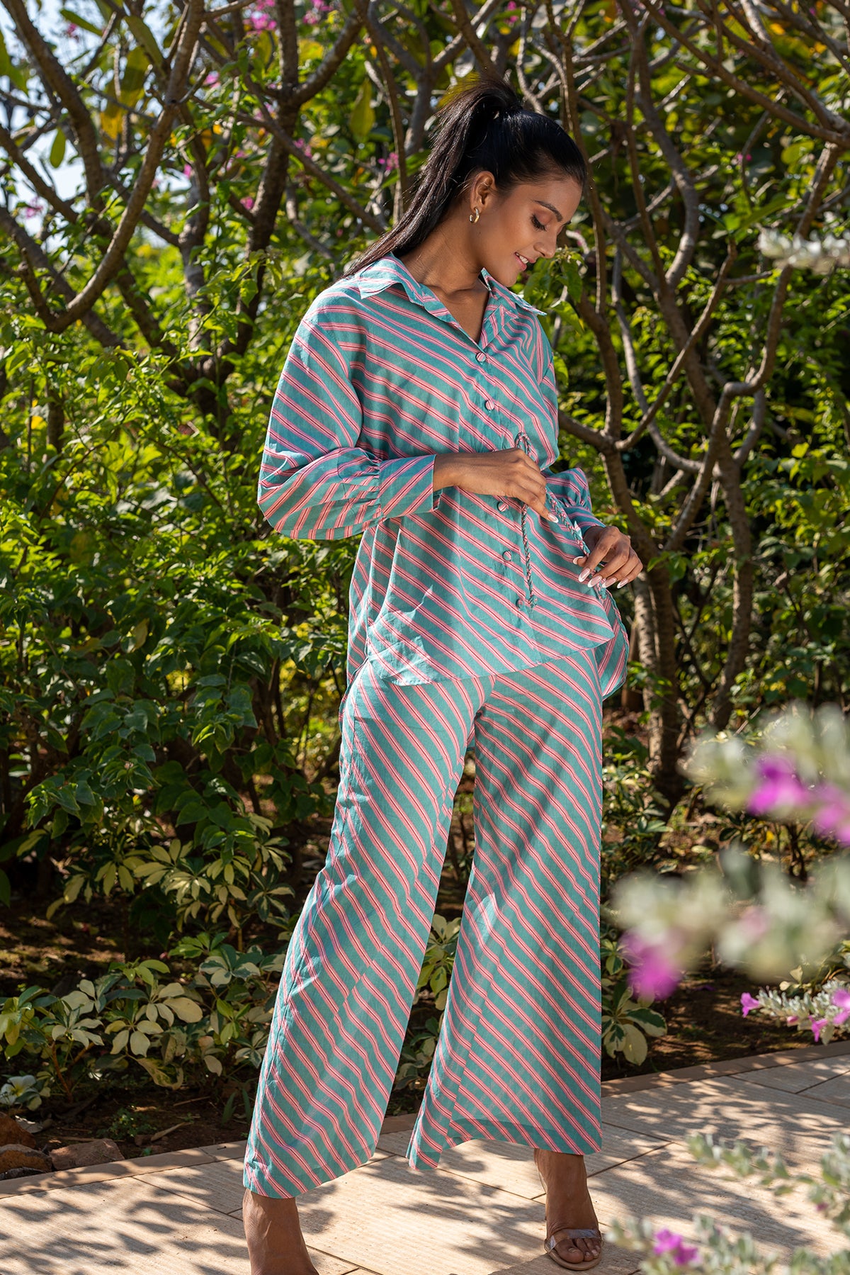 Vedika Shirt - Striped Long Sleeve Shirt with tie-up Belt