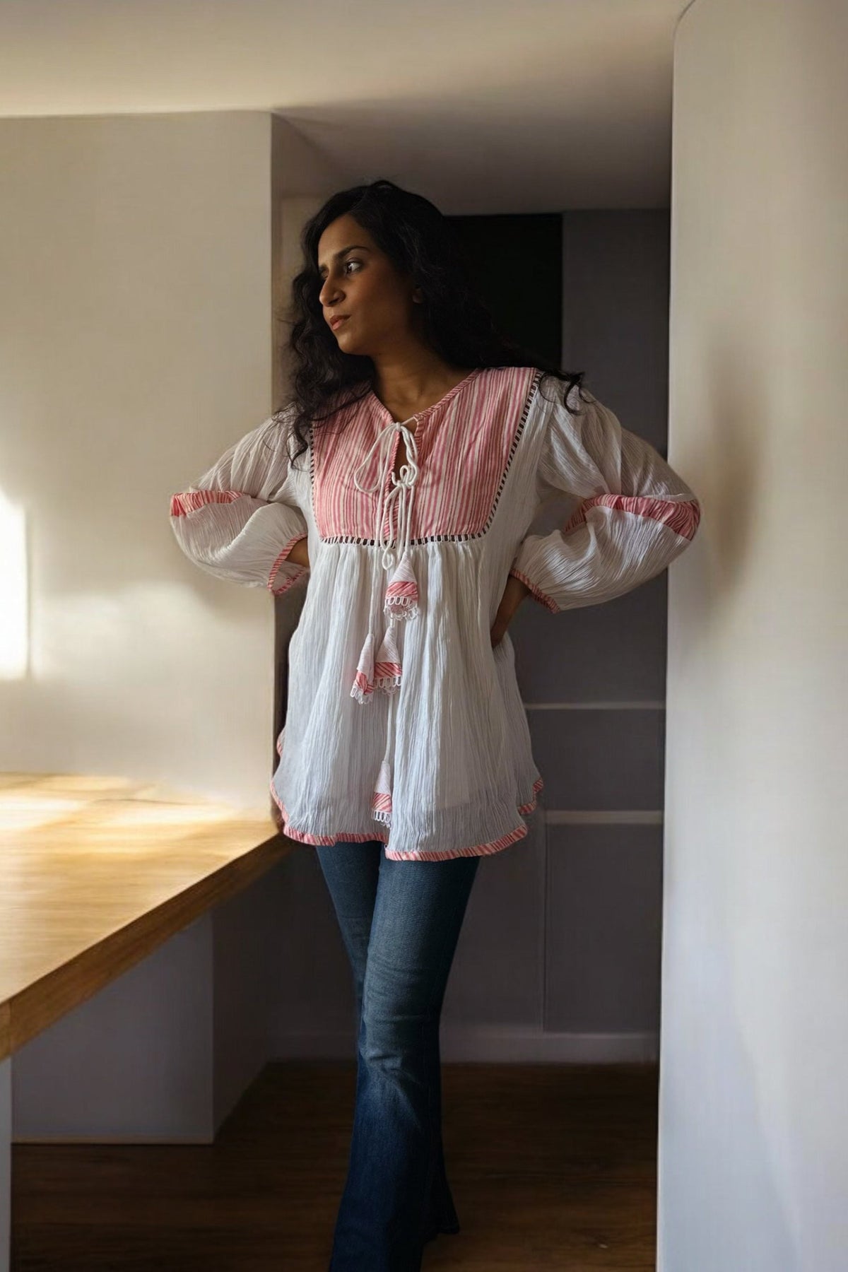 Runa Top - Pink Striped Yoke Boho Top