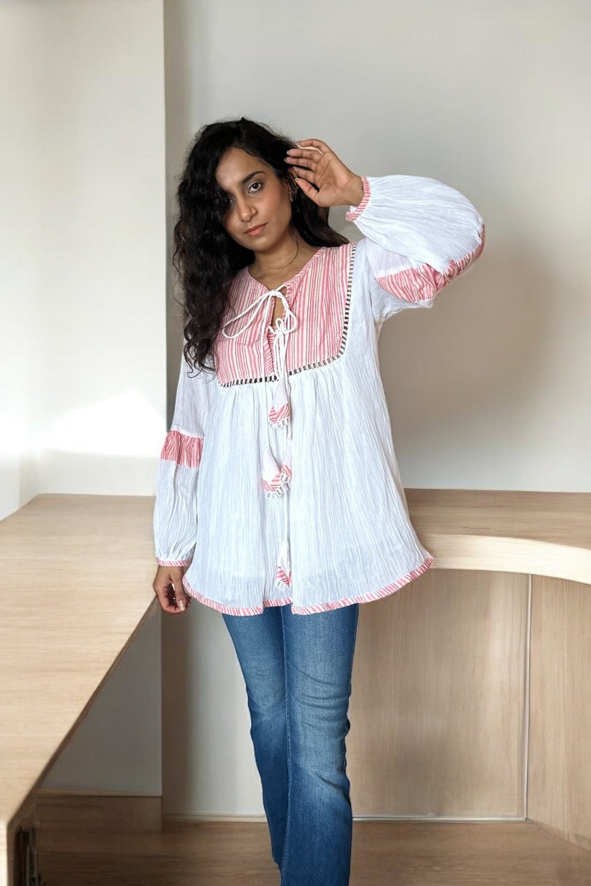 Runa Top - Pink Striped Yoke Boho Top