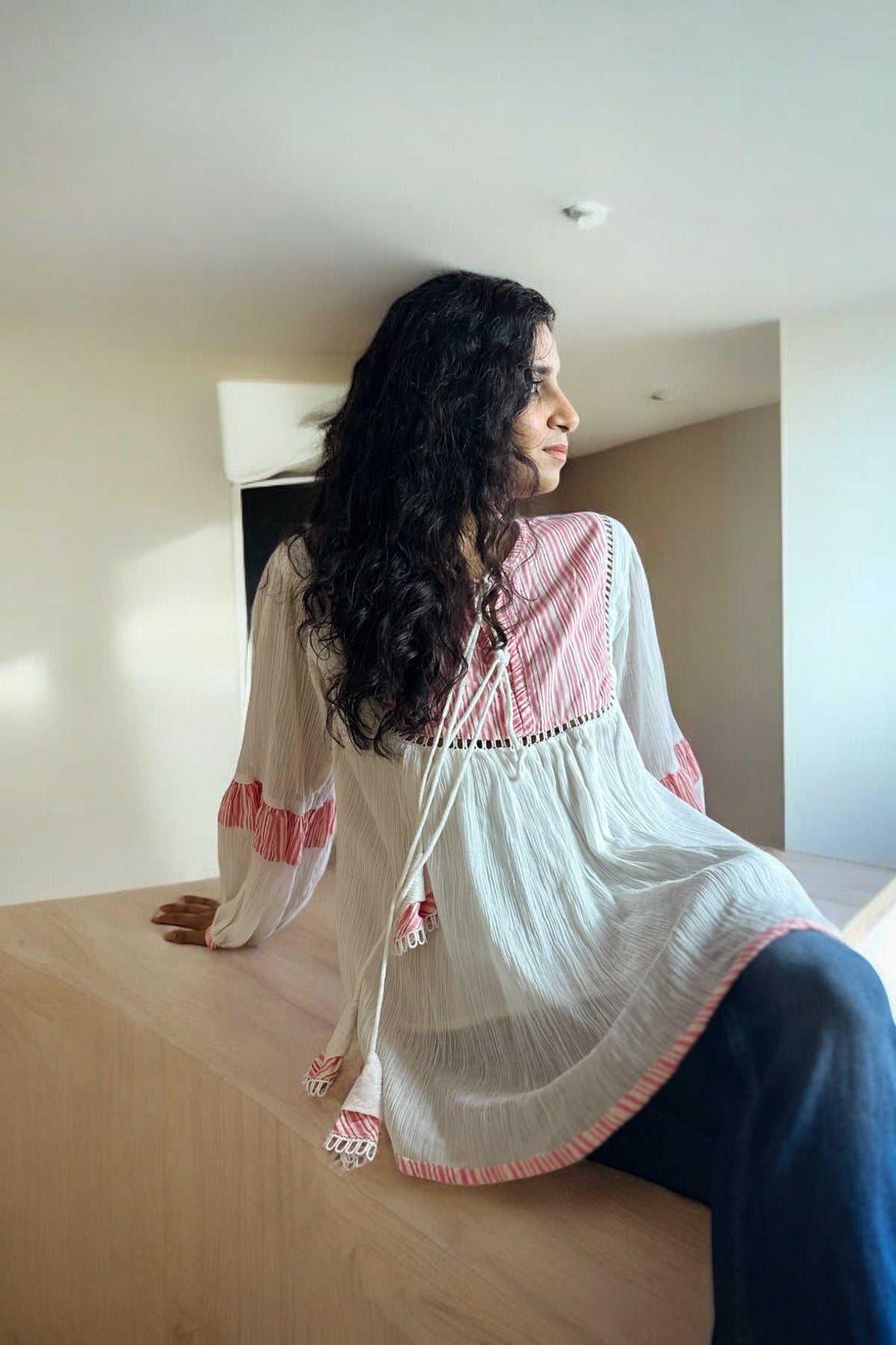 Runa Top - Pink Striped Yoke Boho Top