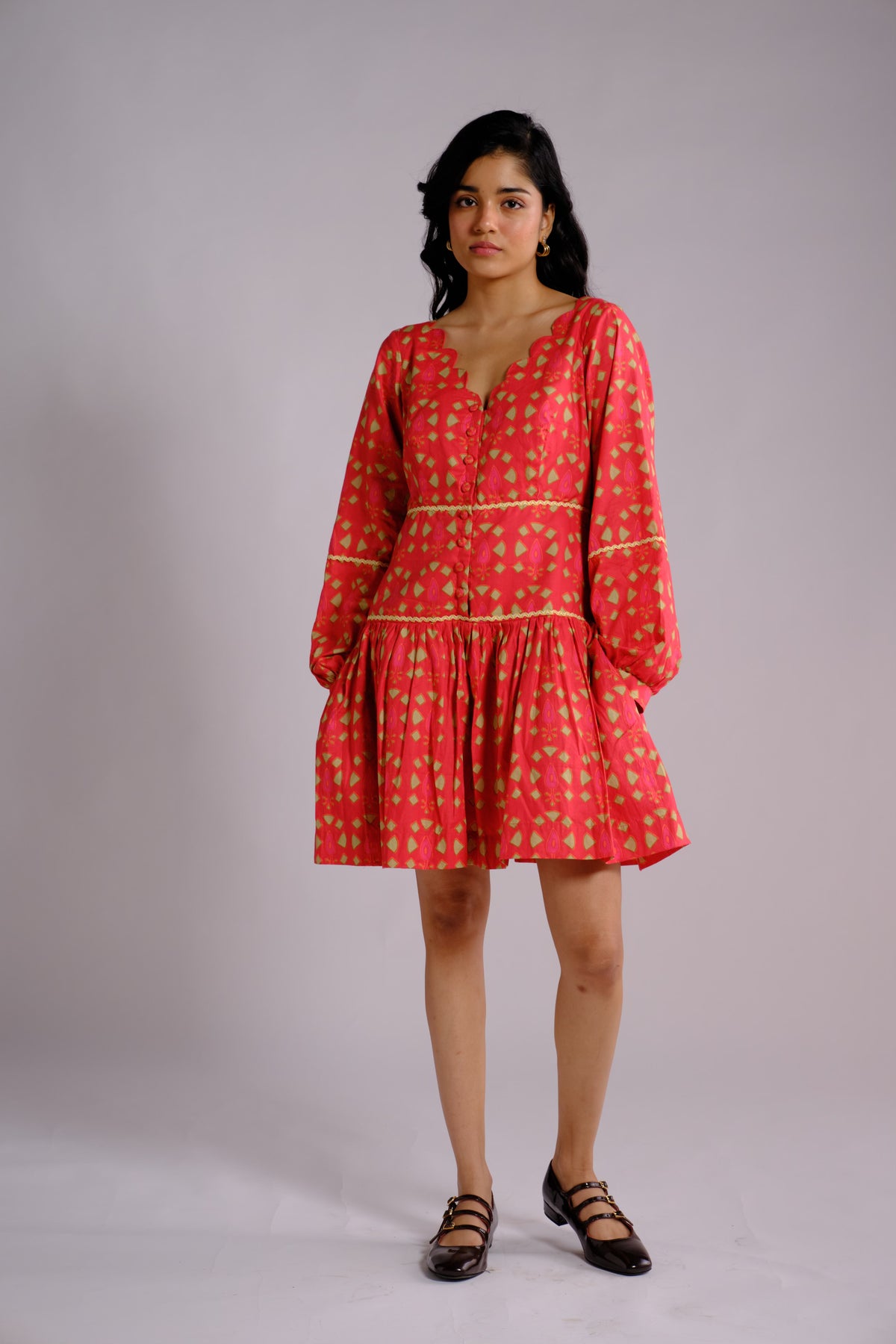 Ruby Dress - Red Drop-waist Long Sleeve Short Dress