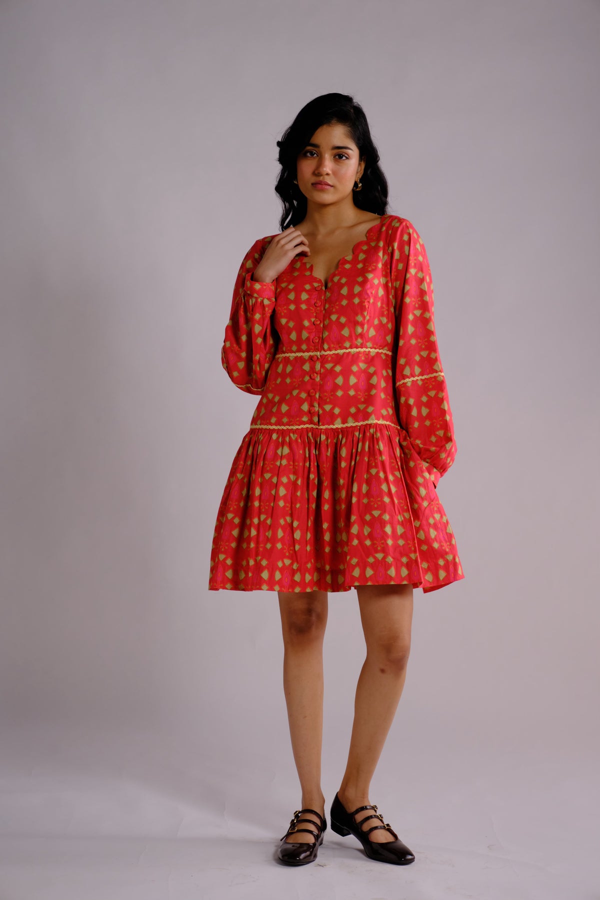 Ruby Dress - Red Drop-waist Long Sleeve Short Dress