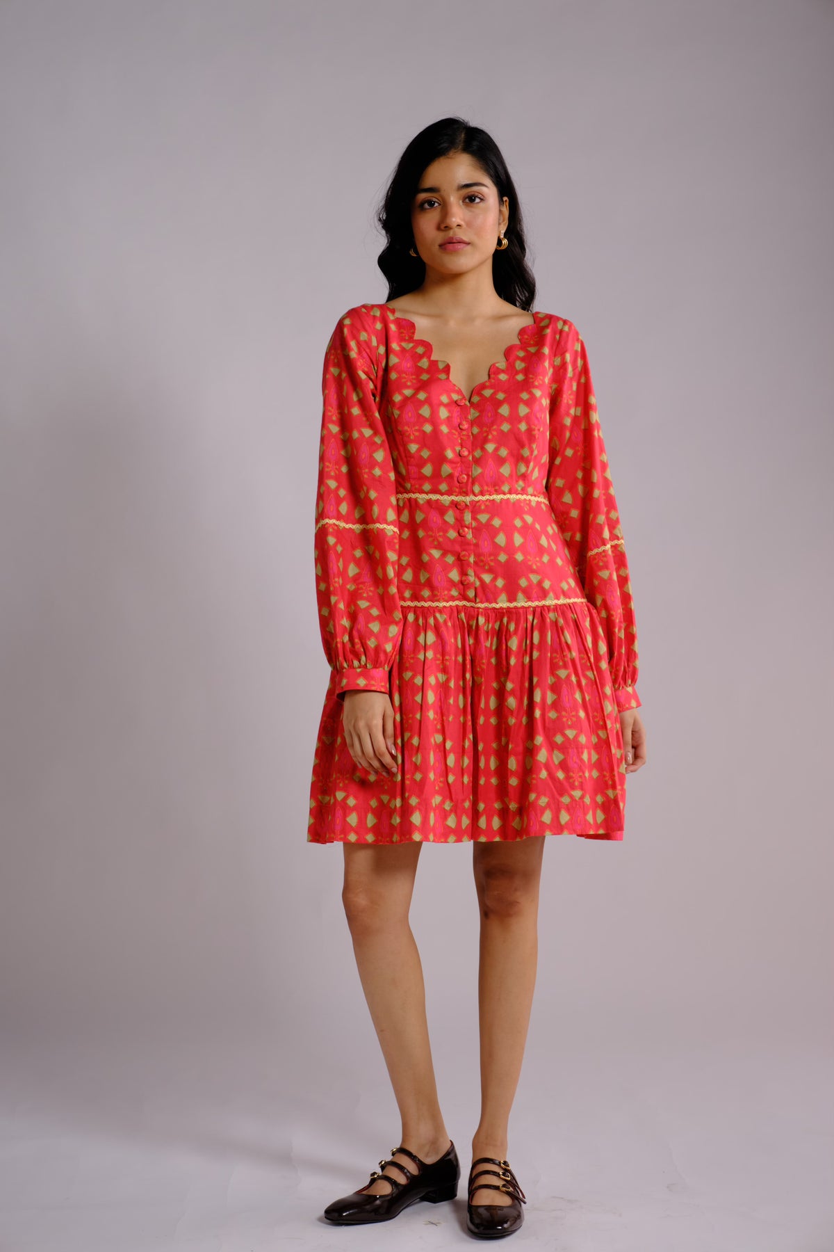 Ruby Dress - Red Drop-waist Long Sleeve Short Dress