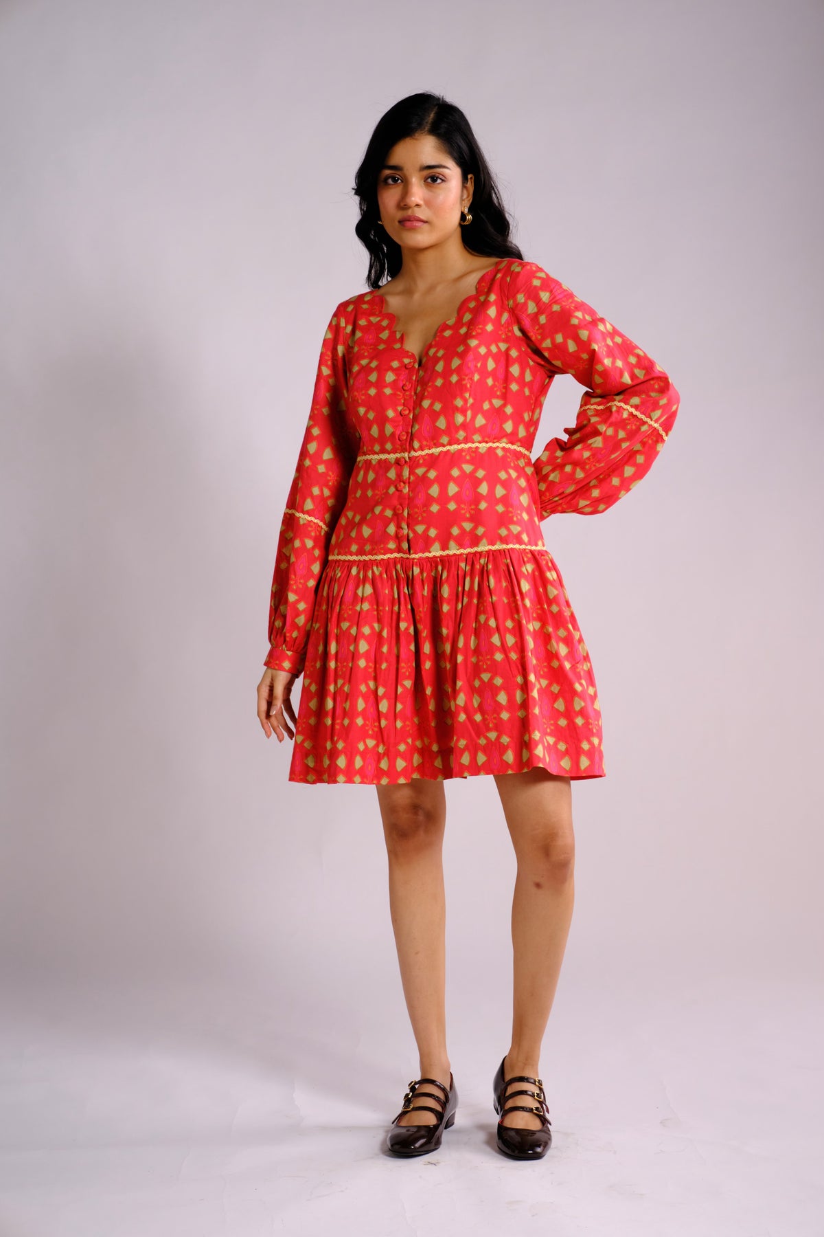 Ruby Dress - Red Drop-waist Long Sleeve Short Dress