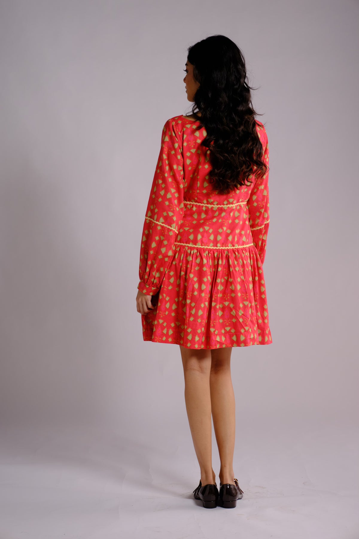 Ruby Dress - Red Drop-waist Long Sleeve Short Dress