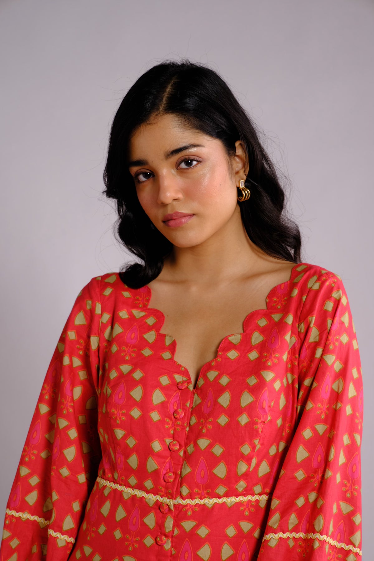 Ruby Dress - Red Drop-waist Long Sleeve Short Dress