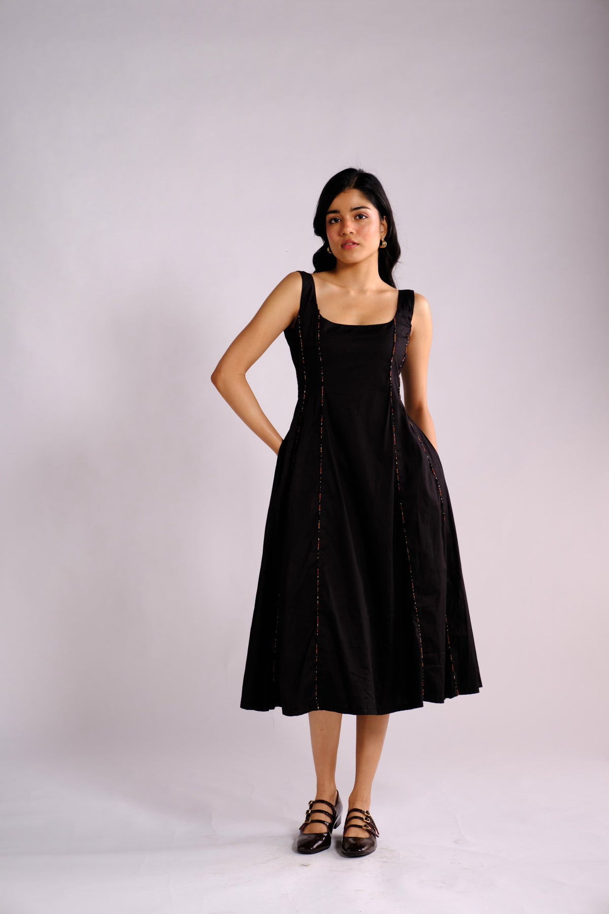 Nyla Dress - Black Panelled Midi Dress
