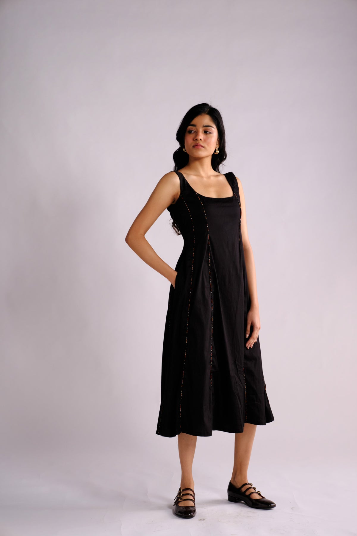 Nyla Dress - Black Panelled Midi Dress