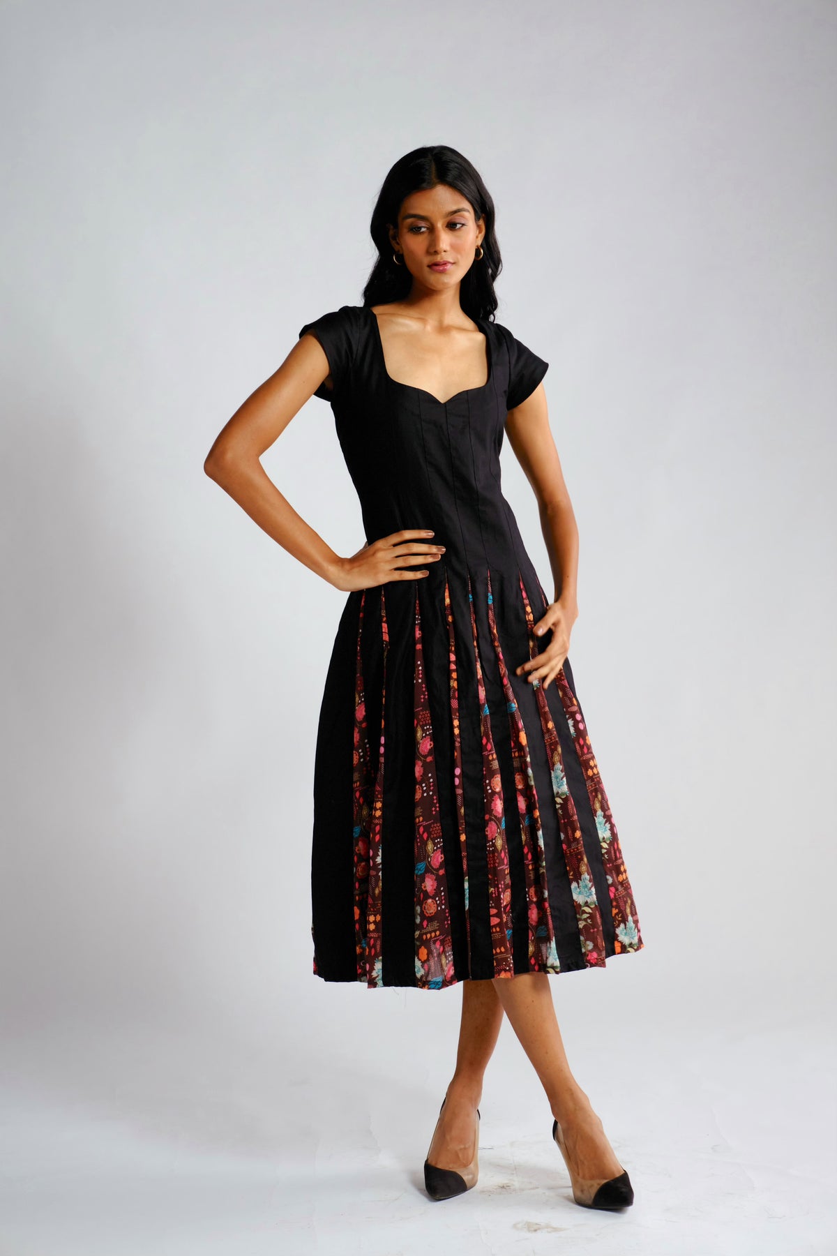 Maeve Dress - Black Printed Panelled Midi Dress