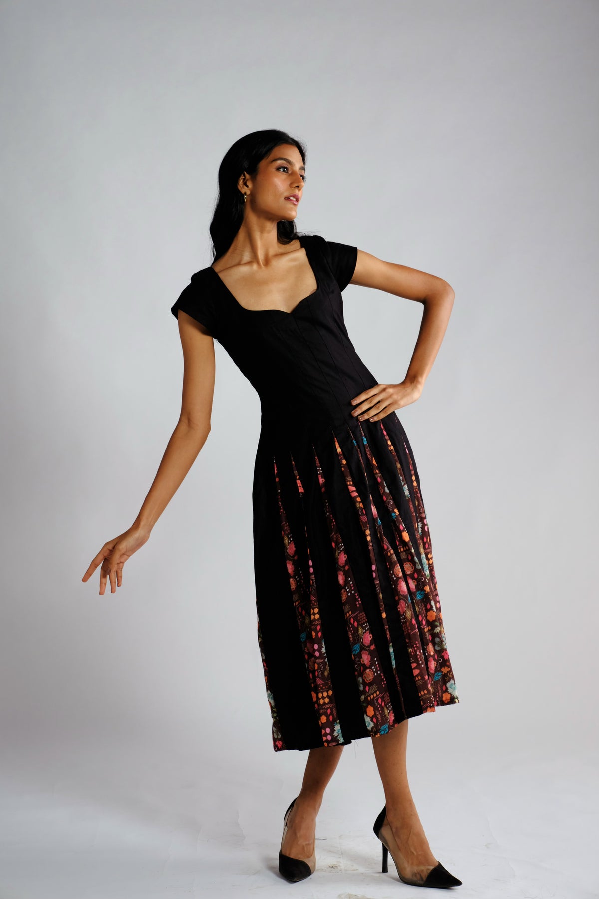 Maeve Dress - Black Printed Panelled Midi Dress