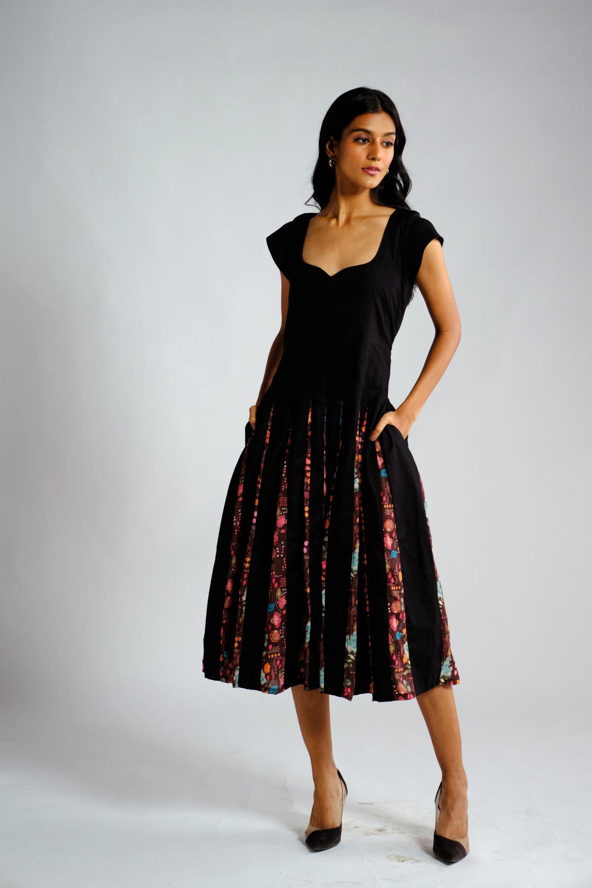 Maeve Dress - Black Printed Panelled Midi Dress