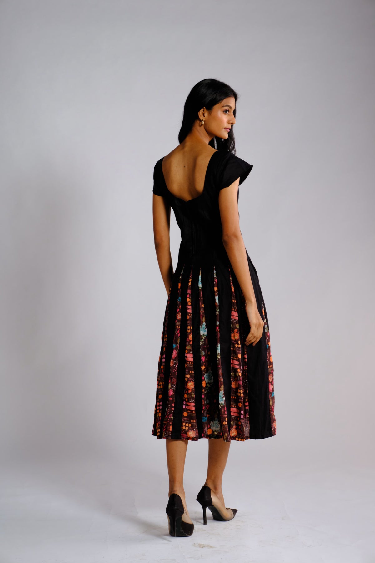 Maeve Dress - Black Printed Panelled Midi Dress