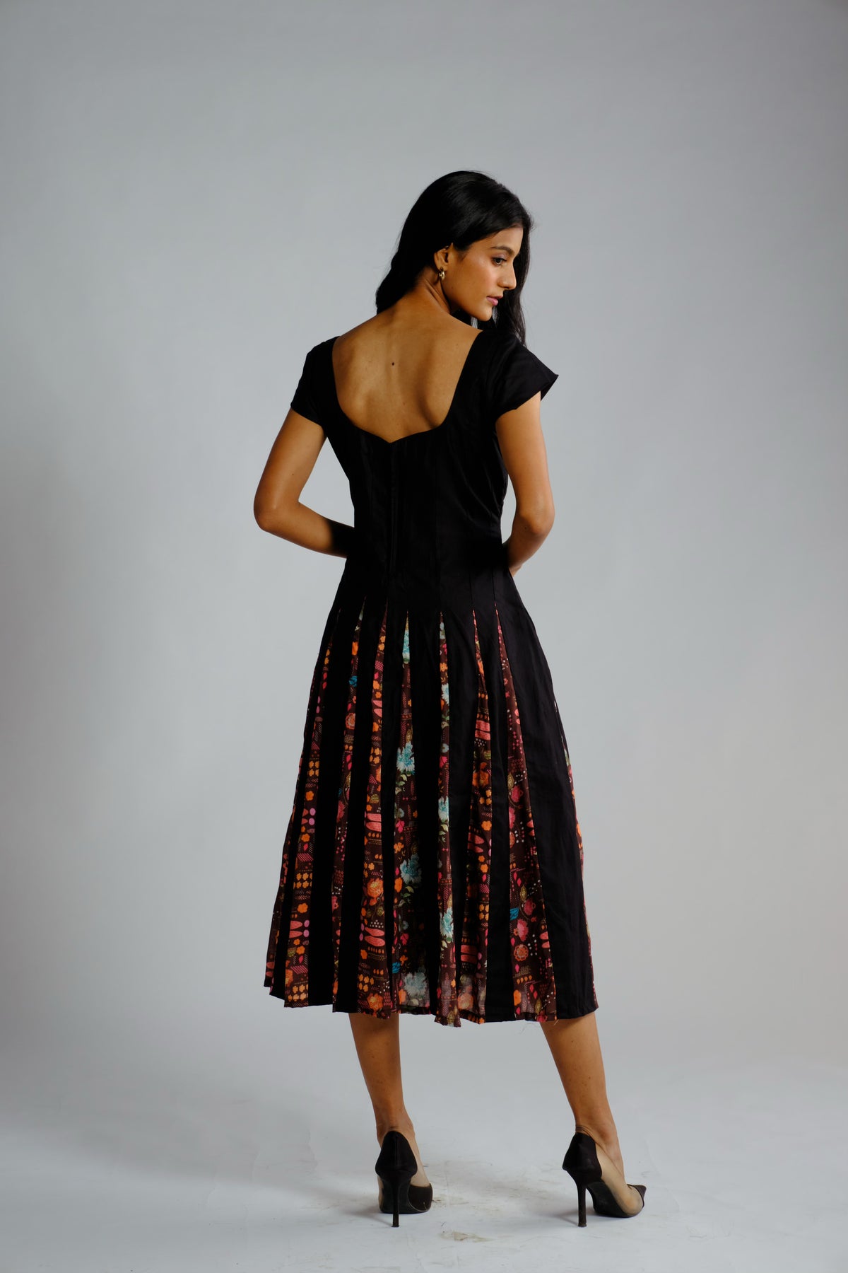 Maeve Dress - Black Printed Panelled Midi Dress