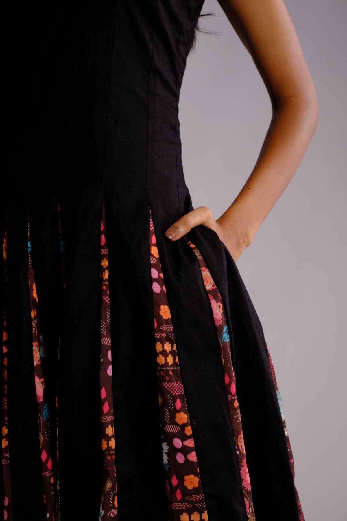 Maeve Dress - Black Printed Panelled Midi Dress