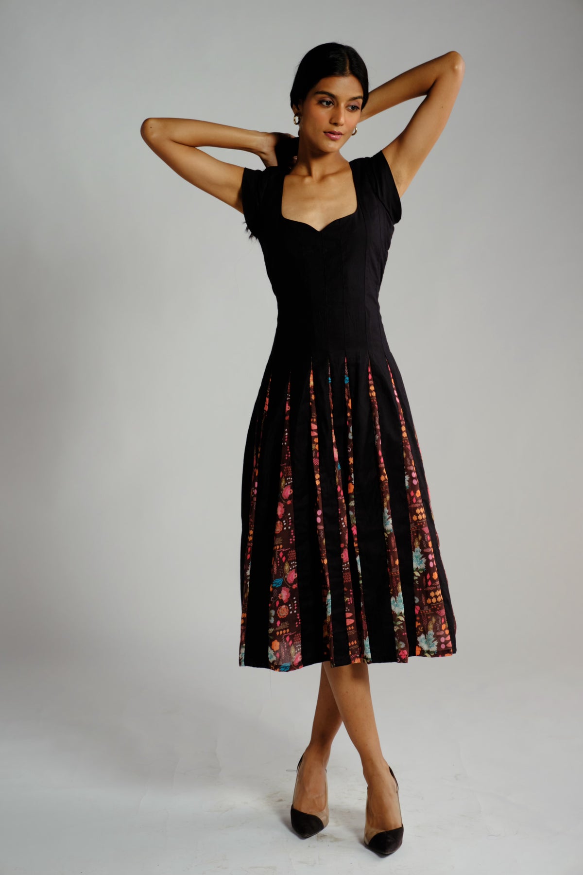 Maeve Dress - Black Printed Panelled Midi Dress