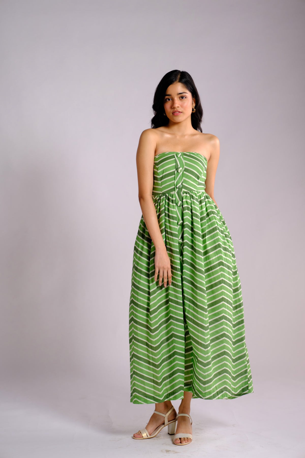 Ava Dress - Green Striped Strapless Midi Dress