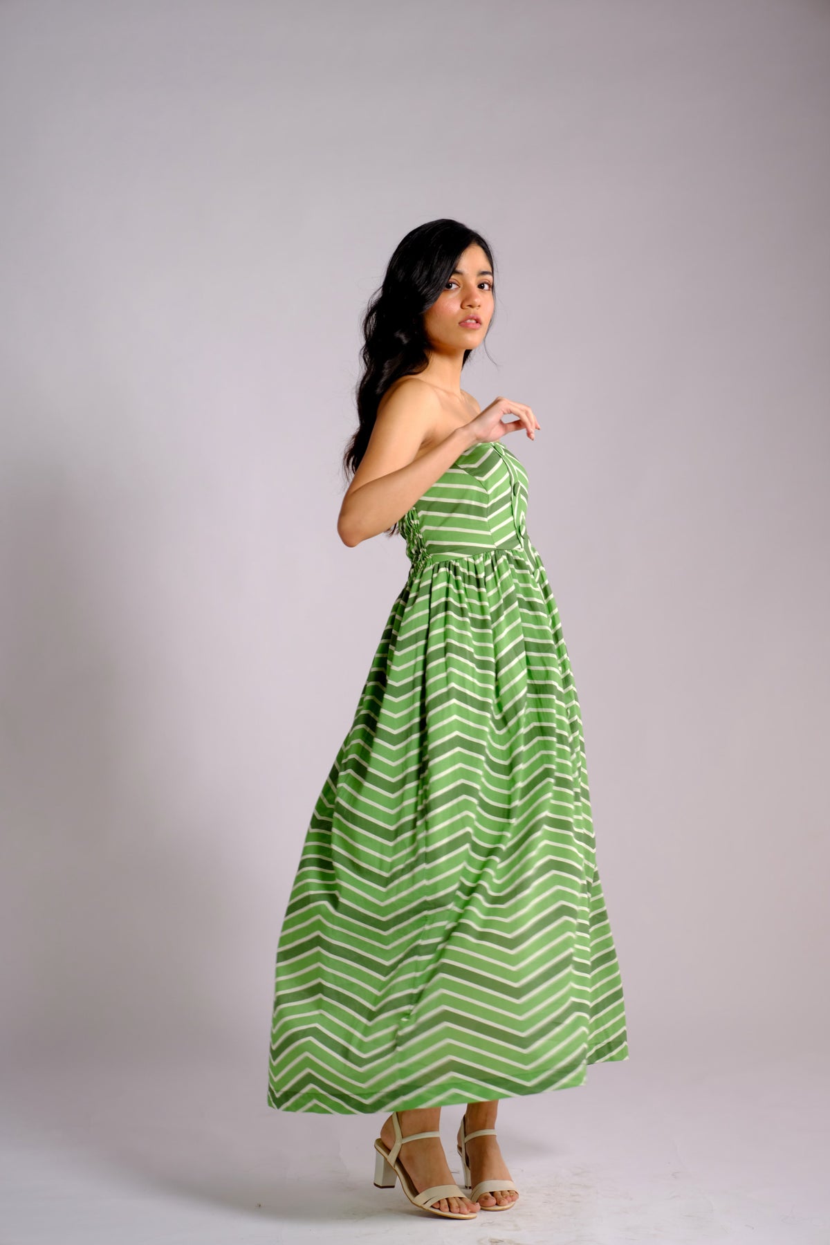 Ava Dress - Green Striped Strapless Midi Dress