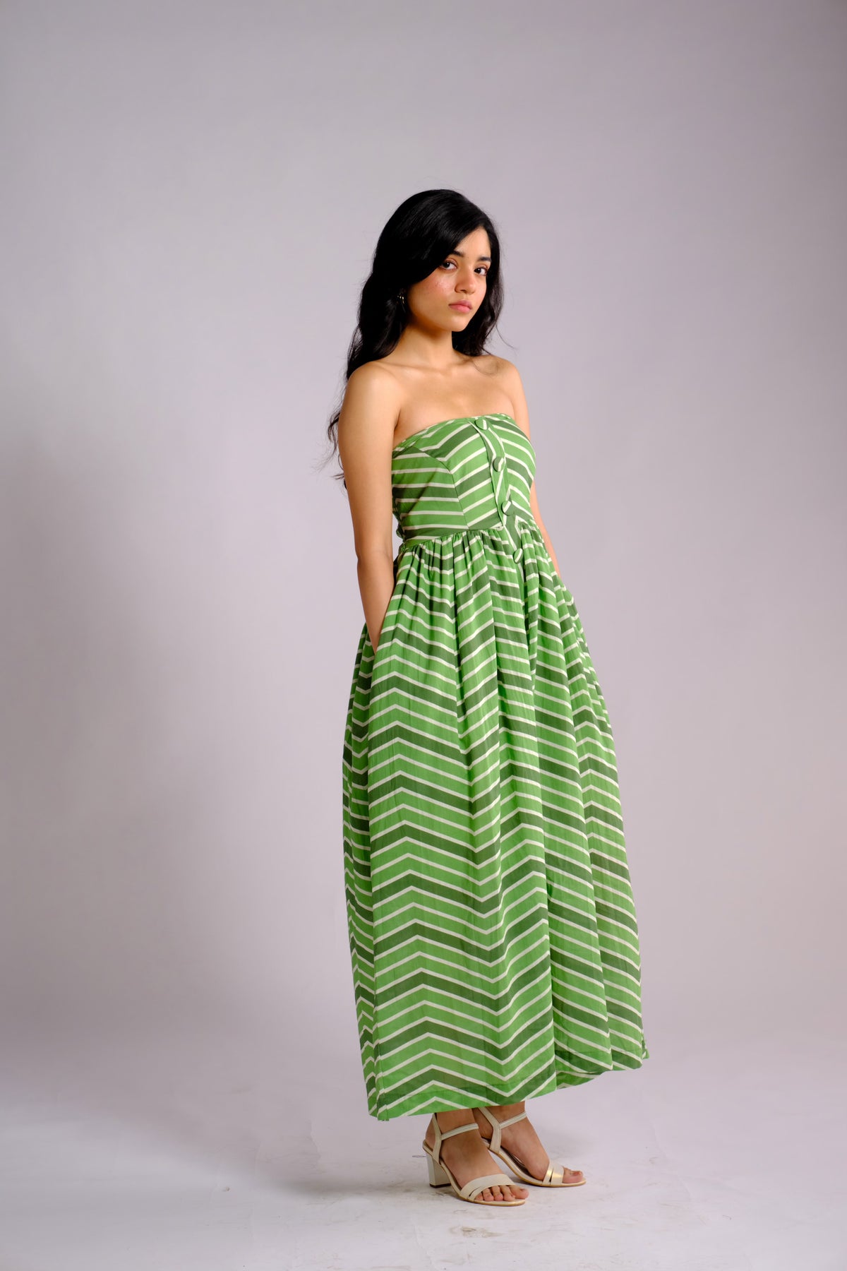 Ava Dress - Green Striped Strapless Midi Dress