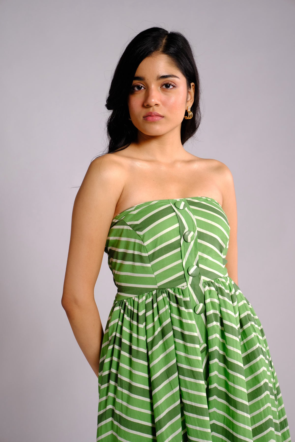 Ava Dress - Green Striped Strapless Midi Dress