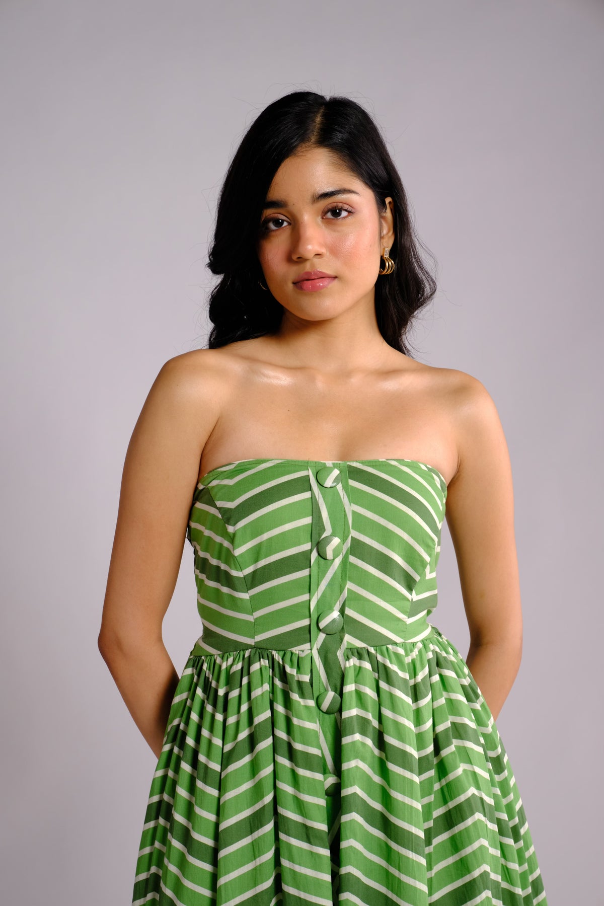 Ava Dress - Green Striped Strapless Midi Dress