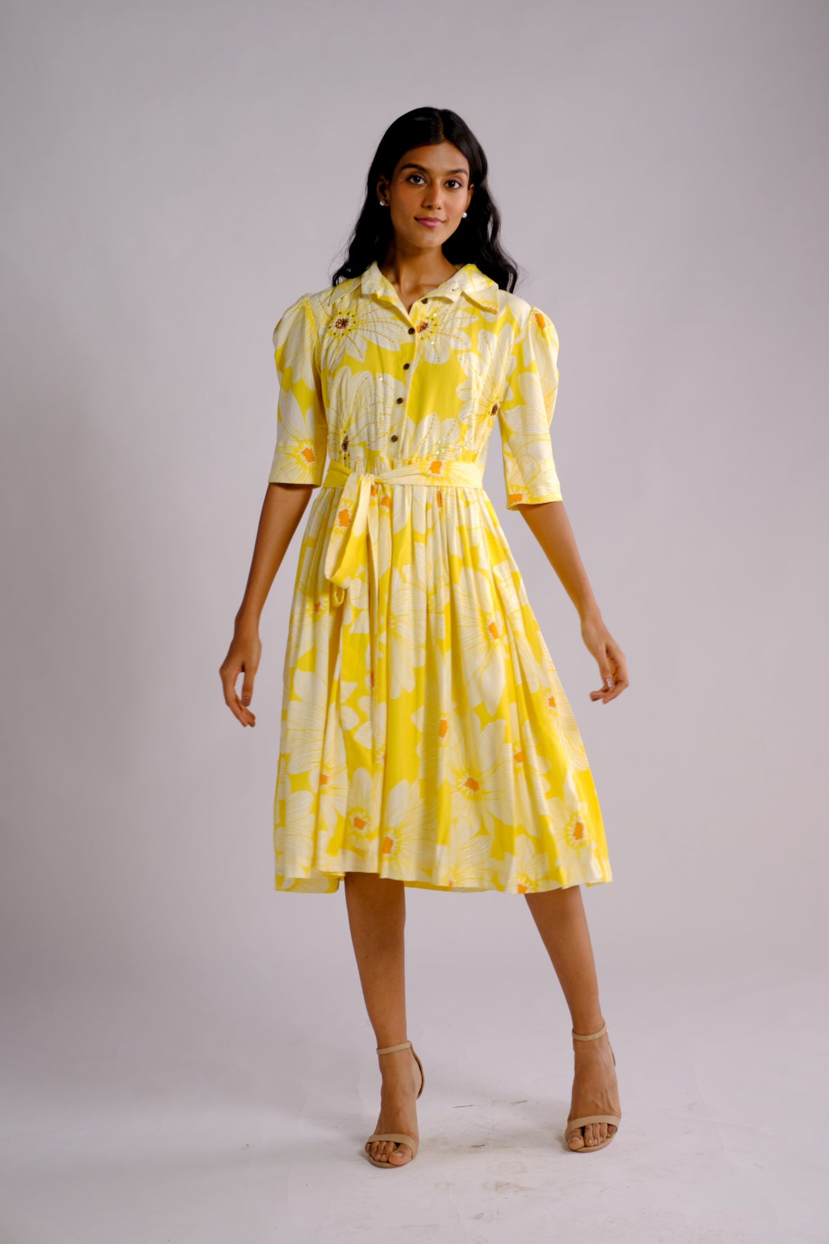 August Dress - Yellow Floral Embroidered Shirt Dress
