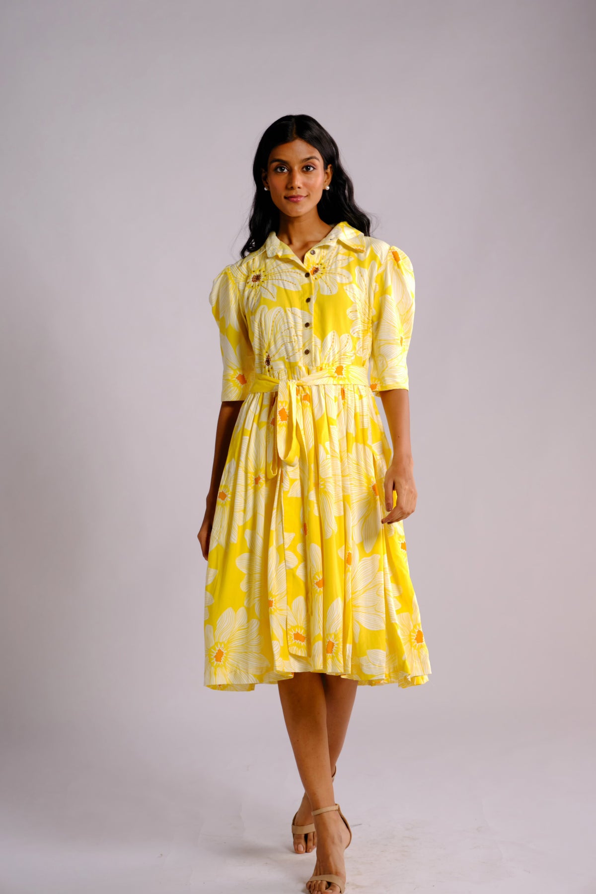 August Dress - Yellow Floral Embroidered Shirt Dress