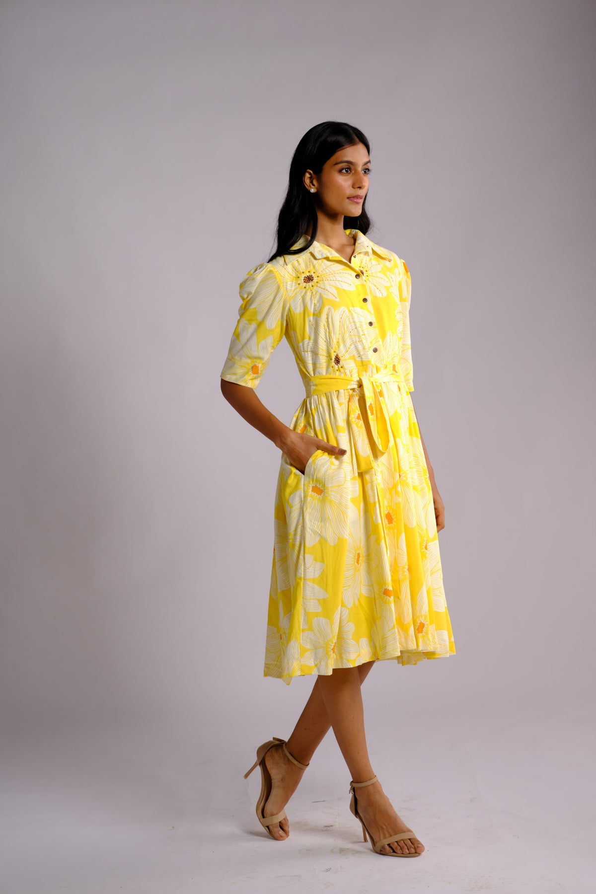 August Dress - Yellow Floral Embroidered Shirt Dress