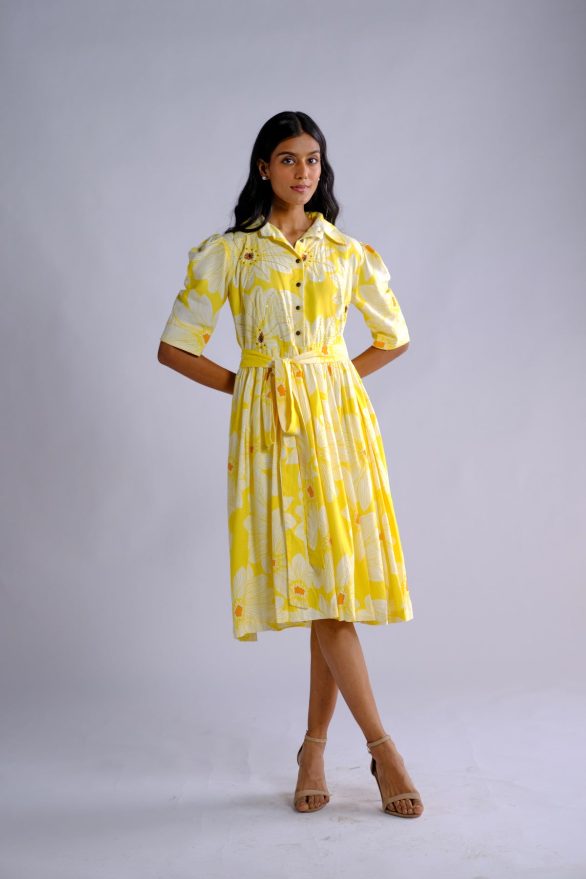 August Dress - Yellow Floral Embroidered Shirt Dress